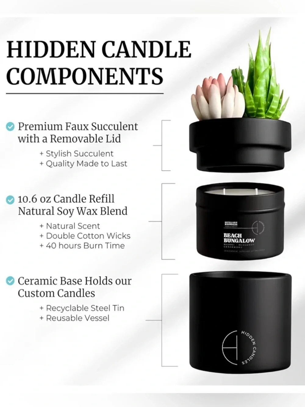 NEW Compact Storage Hidden Candle Beach Bungalow | Scented Candle Faux Succulent
